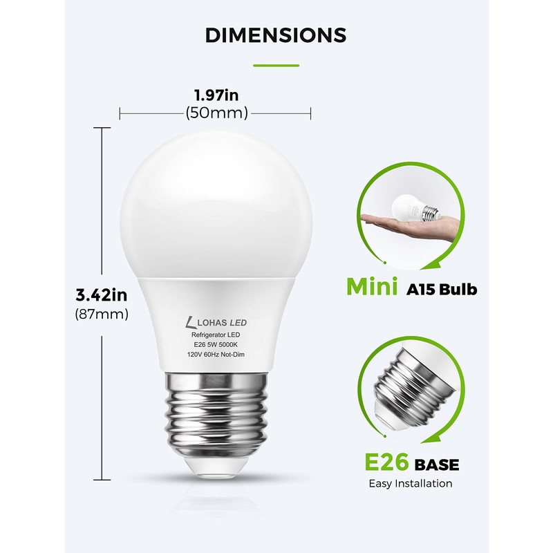 L LOHAS LED Refrigerator Light Bulb, 40W Equivalent 120V A15