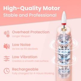 KIARYUOLL Cordless Electric Nail Drill Kit, Portable Rechargeable Nail Drill Set, Battery Electric Nail File, 5 Speeds Modes, LED Lighting, Reversible Direction, DIY, Professional (Pink)