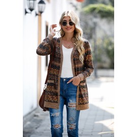 GRECERELLE Womens Cardigan Long Sleeve Open Front Cardigans Button Down V Neck Ribbed Knit Lightweight Outerwear with Pocket (Round Flower Brown M)