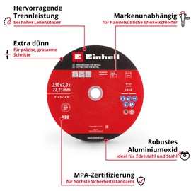 Original Einhell 3-Piece Thin Cutting Disc Set for Metal, Diameter 230 mm (2 mm Thickness, MPA Certified, Long Life, Precise, Low-Burr Cuts, for Angle Grinders)