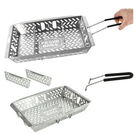 Proud Grill UltraVersatile Stainless Steel Grill Basket - Large Vegetables, Meat & Fish Pan for Outdoor BBQ Grilling, Griddle Basket with Detachable Handle & Movable Dividers, Barbecue Accessories