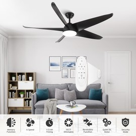 NWIASS 60 Inch Ceiling Fans with Lights and Remote, Outdoor Large Ceiling Fan for Patios Bedroom Living Room Porch, Black Ceiling Fan 6 Speeds, Noiseless Motor, Waterproof ABS Blades, Reversible