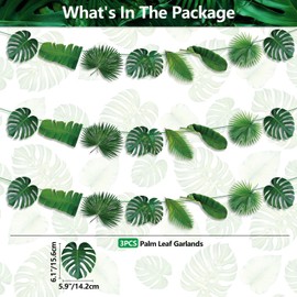 Palm Leaves Party Decorations - 3 Pieces Tropical Leaves Banner, Green Artificial Palm Leaves Garland, Jungle Party Decorations Palm Leaves for Hawaiian Theme Party Supplies