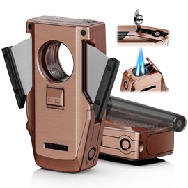 All-in-One Torch Lighter with Straight Cutter, Holder, Built-in Punch Tool, Adjustable Dual Jet Flame Windproof Lighters, Butane Refillable Torch Lighters with Accessories, Cool Lighters for Men