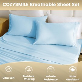 CozySmile Breathable Cooling Full Sheet Set - Hotel Luxury 4 Piece Deep Pocket Sheets for Full Size Bed, Fits 16" Mattress, Easy Care Wrinkle Free Bedding Sheet and Pillowcase Set, Sky Blue