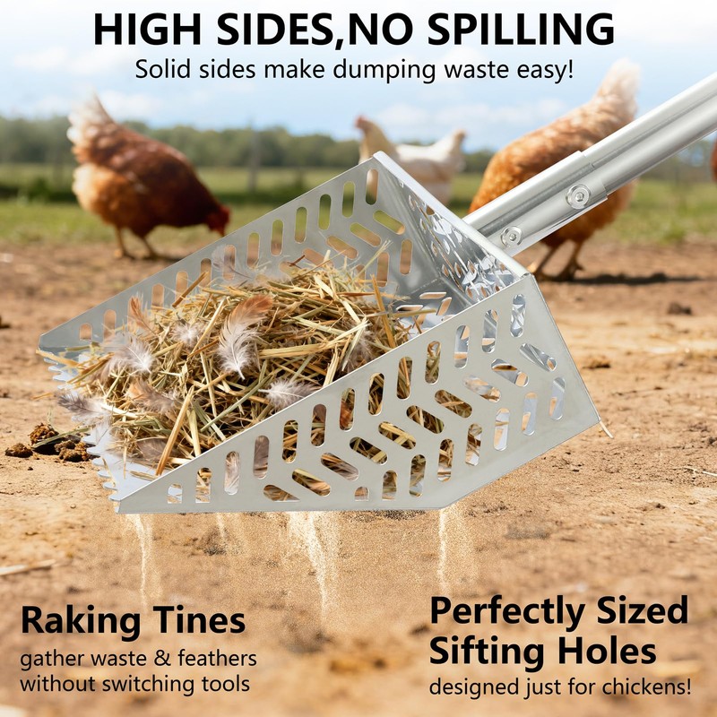 Toomprover 304 Stainless Steel Chicken Poop Scooper & Rake 2-in-1