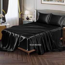 Vonty Satin Sheets Extra Deep Pocket Queen Sheet Sets - Cooling & Silky Satin Queen Size Sheets with 18-24 Inch Deep Pocket, Black Satin Bed Sheets Fit Up to 24" Deep Mattress - 4 Piece