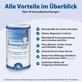Dr. Jacob's Dr Jacob's Basenpulver plus mit echter Zitrone I für Muskeln, Knochen, Herz und Blutdruck* I Kalium Calcium Magnesium Zink I Vitamin C D B1 I auch bei Diäten I 300 g Basen-Pulver vegan
