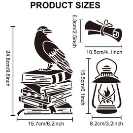 MAYJOYDIY Crow Book Stencils Raven Stencil Feather Pen Magnifying Glass Kerosene Lamp Candle Pattern 11.8×11.8inch with Paint Brush for Wood Furniture Wall Pillows Scrapbook Cards