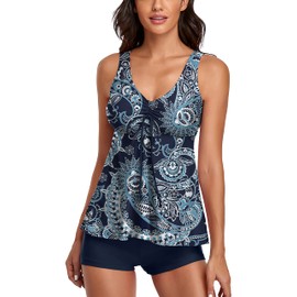 Omichic Women Vintage Bathing Suits Paisley Print Two Piece Swimsuit Tankini Swimwear Large