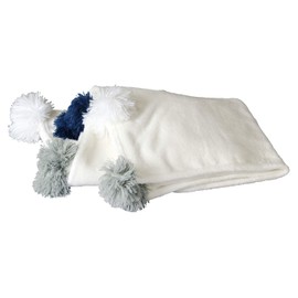 SPICE OF LIFE HCLK2910WH Fringe Pom Pom Blanket, Fleece, Cozy Warm, White, 59.1 x 39.4 inches (150 x 100 cm)