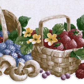 CONCORD WALLCOVERINGS ™ Wallpaper Border Fruits Pattern Berries Baskets Mushrooms Leaves, Die Cut Edge for Kitchen Cottage Dining Area, Beige Red Blue Green, 15 Feet by 9 Inches CV103730