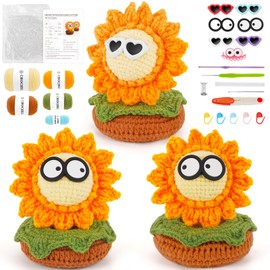 WILSHIN Crochet Kit for Beginners – Sunflower Crochet Starter Kit with Step-by-Step Video Tutorials, Yarn, Hooks & Tools – Easy DIY Knitting Craft Kit for Adults, Makes 3 Sunflowers (50% + Yarn)