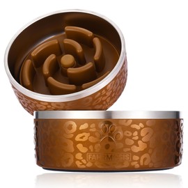 FAHRMOSIS 32 Oz Dog Bowl with Slow Feeder Insert Stainless Steel Pet Water Bowl for Medium & Large Breed Non Slip Rubber Base & Plastic Puzzle Feeder - Gold Leopard