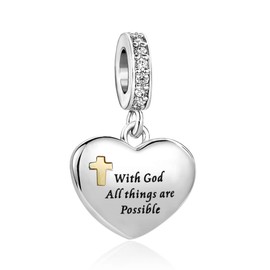 MiiFort Women Bible Gold Cross Love Heart Charm for Bracelets With God All Things are Possible Matthew