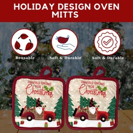 EB (2) Driving Gnome with White Spoon for Christmas Holiday Decorative Oven Mitts Home Kitchen Dining Baking Pot Holders Grilling Microwave Cooking Heat Resistant Potholders Table Linen Gift Set