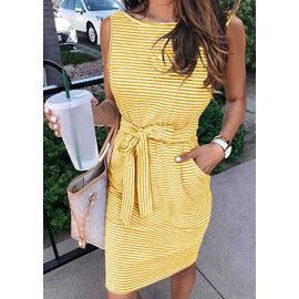 MEROKEETY Womens 2025 Summer Sleeveless Striped T Shirt Dress Casual Crew Neck Tie Waist Mini Dresses Yellow Large
