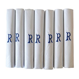 DUDU N GIRLIE Mens/Gentlemens White Satin Bordered Handkerchiefs with & Blue Embroidered Initials, R, One Size