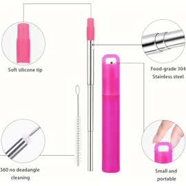 Pajitas Reutilizables De Metal, Paquete De 3 Pajitas De Acero Inoxidable Portátiles Plegables, Con Carcasa De Plástico, Puntas De Silicona Y Cepillo De Limpieza, Pajitas De Bolsillo Portátile