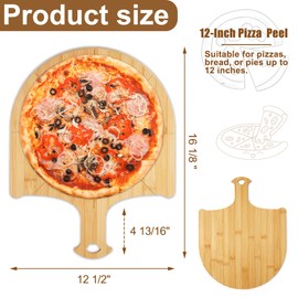 Pizza Peel Wooden, 2 Pack of 12 Inch Pizza Spatula Wood Non-Stick, Bamboo Pizza Paddle as Cutting Board with Cutting Grooves for Easy Pizza and Bread Making