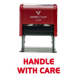 Vivid Stamp Handle With Care Self Inking Rubber Stamp - Large - 3/4" x 1-7/8", Red