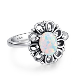 AVECON Oval Opal Flower Statement Ring 925 Sterling Silver Ring Flower Ring for Women Vintage Antique Look Jewelry Gifts for Women Size 7