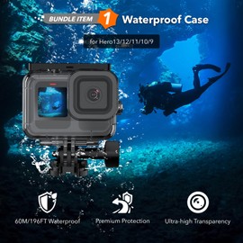 MYAKON Waterproof Case for Go Pro Hero 13 12 11 10 9 Black, 60M/196FT Protective Underwater Diving Housing Shell w/Floating Handle Head Strap Mount Storage Case for GoPro 13 12 11 10 9 Accessories