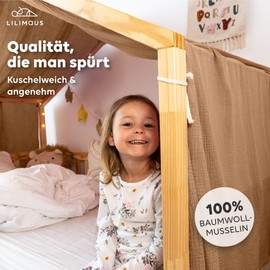 lilimaus House Bed Canopy, Made of 100% Cotton Muslin, Handmade, Fabric Bed Decoration, Girls and Boys, Children, Bed Curtain for Children's Bed, Brown