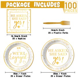 100Pcs Happy Engagement Party Decorations for White Gold Engaged Tableware Set She Said Yes Paper Plates Napkins Forks for 25 Guests Engagement Wedding Disposable Dinnerware Table Party Supplies
