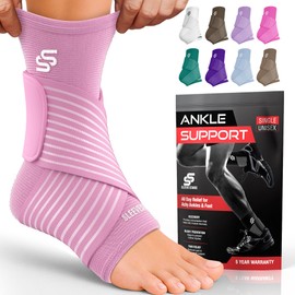 Sleeve Stars Ankle Brace for Women & Men, Ankle Wrap for Sprained Ankle, Compression Sleeve for Plantar Fasciitis Relief, Easy Customizable Support: w/ Removable Strap (Single/M:10"-12"/Baby Pink)