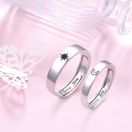 Couple Rings 925 Sterling Silver Matching Rings Engagement Pair Rings Sun and Moon Rings His and Hers Rings Adjustable I Love You Promise for Lovers