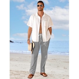 TAFLE Mens Linen Pants Casual Yoga Pants for Men Elastic Waist Drawstring Baggy Summer Beach Pants with Pockets Grey