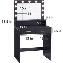 MOOLSUN Vanity Table with Mirror, 2 Drawers and 3-Tier Storage Makeup Vanity Desk, 12 LED Lights and 3 Color Lighting Modes, Perfect for Bedroom and Dressing Room Vanity Area (D - Black)