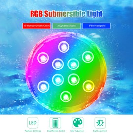 RGB Underwater Spot Light RGB Submersible Lamp with Remote Control Submersible LED Light IP68 Waterproof for Aquarium Pond