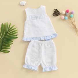 Nibbcoa Toddler Girl Summer Outfit Letters Embroidery Cross Back Pinafore Top and Shorts Kids Striped Seersucker Clothes Set (Blue, 2-3T)