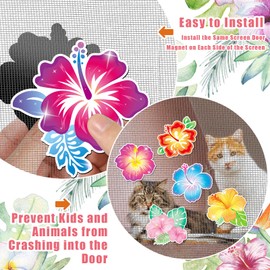 JSRQT 12Pcs Flower Screen Door Magnets Decorative, Hibiscus Double Sided Flexible Magnetic Screen Saver, Patio Screen Door Magnets, Magnetic Stickers Decals for Screen Protect Pets, Birds, Kids