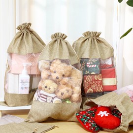 Hahafelt 6 Pcs 16x24 Inch Large Linen Burlap Organza Gift Bag with Sheer Window Flaxen Organza Mesh Pouch Bags with Drawstring for Wedding Gifts Party Favors Cosmetic Samples Perfume