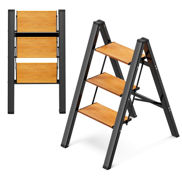GameGem 3 Step Ladder, Aluminum Folding Step Stool with Anti-Slip