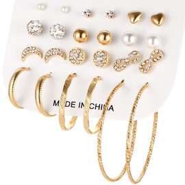 Cubahop Multiple Crystal Pearl Studs Hoop Earrings Set Earring Circle Love Crescent Earrings Pack Piercings for Women Girls