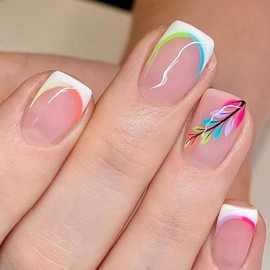 Square Press on Nails Short Fall Glue on Nails Pink Full Cover Fake Nails Color Leaf Lines Designs Autumn Nails Press ons Glossy Acrylic False Nails White French Tip Stick on Nails for Women 24Pcs