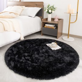 ROHATIM Deep-Pile Rug, Round Living Room, Super Soft Shaggy Rug, Fluffy, Soft Area Rug, Bedroom Rugs, Super Soft, Fluffy Children's Mat, Black, 100 x 100 cm