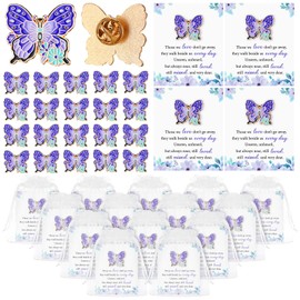 Liliaafar 50 Set Funeral Favors for Guests Celebration of Life Favors 50 Pcs Butterfly Pins Brooches with Bags Cards for Gift(Purple Flower)