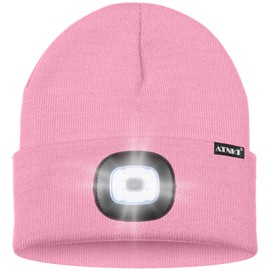 ATNKE LED Beanie with The Light, USB Type C Rechargeable 4 LED Running Headlamp Bright Caps Gifts for Men Dad and Women/#Pink