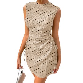Acelitt Khaki Polka Dot Dress for Women 2025 Spring Summer Fashion Trendy Crewneck Sleeveless Side Cut Out Tank Mini Dresses Beach Vacation Outfits Medium