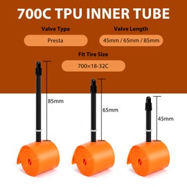 2-Pack TPU 700×18-32C Bike Inner Tube, Ultralight ALLRoad Bike Tube with 65mm Presta Valves for Road Bike (Include Bike Tube Patch Repair Kit) - Orange