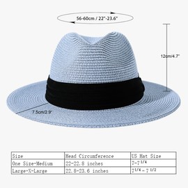 Lanzom Women Wide Brim Straw Panama Roll up Hat Fedora Beach Sun Hat UPF50+ (Light Blue)