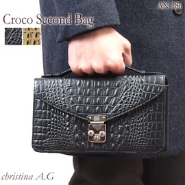 CHRISTINA AGE AN-286 Men's 2nd Bag, Cowhide Leather, Crocodile, Embossed 2-in-1 Wallet Bag, Black