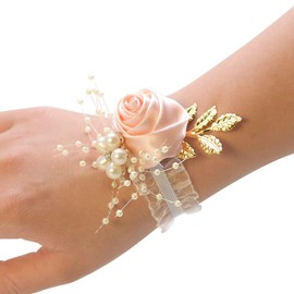 Wedding Wrist Flowers, Flower Bracelet Hand Rose Flowers Pearl Bracelet Wedding Flowers Wrist Corsage Bangle for Women Girls Gift Bride Bridesmaid Christmas Prom Party – Light Pink
