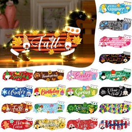 RattanView 21 Pcs Interchangeable Dog Sign with LED Light Replaceable Rustic Dachshund Sign Vertical Dachshund Decor Wooden Ornaments for Holiday Christmas Thanksgiving Table Tiered Tray Decoration