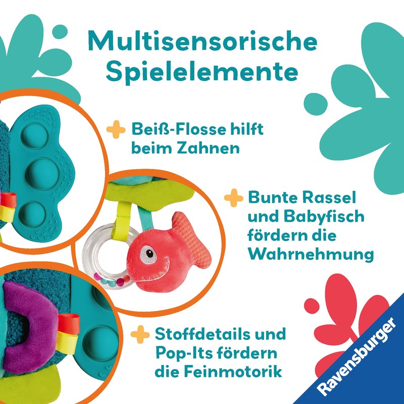 Ravensburger 4876 play+ Pop-it Piranha (blue), cuddly toy with many